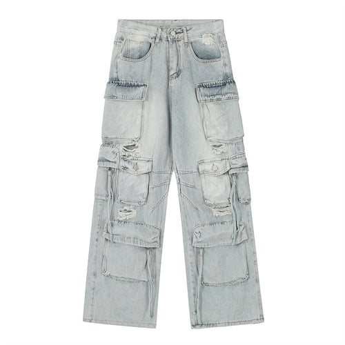Calça cargo jeans com rasgos - S / azul