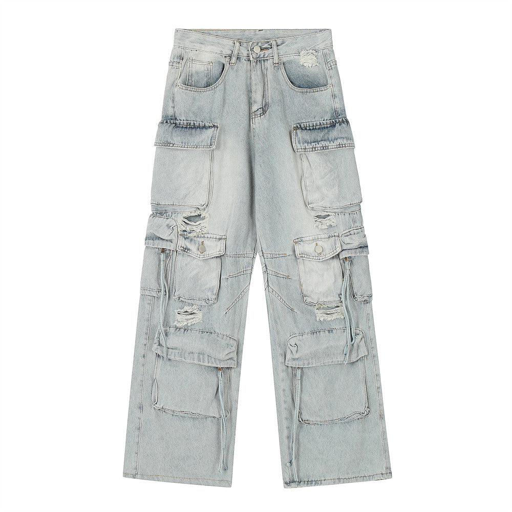 Distressed Denim Cargo Pants