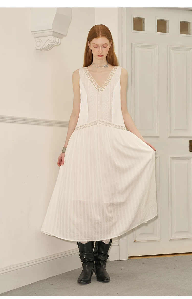 V-Neck Lace Stripe Splicing Sleeveless Long Dress