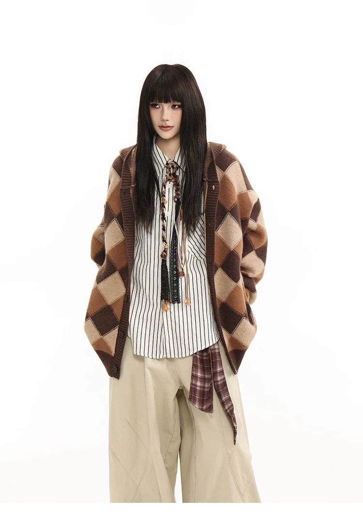 Heavyweight Diamond Pattern Oversize Hooded Knit Cardigan & Knit Sweater