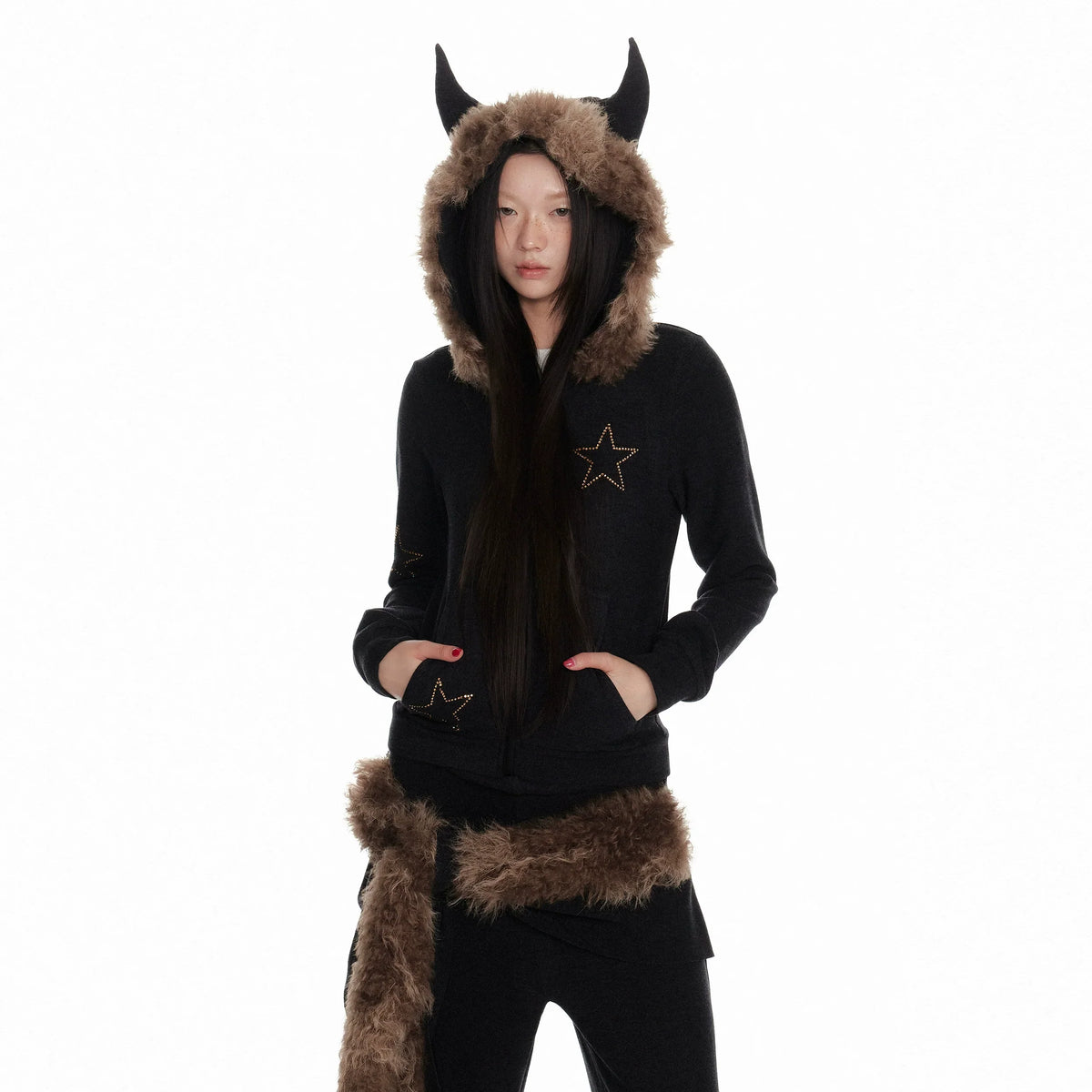 Horn Fur Collar Fuzzy Zipper Hoodie & Wide-Leg Pants Setup