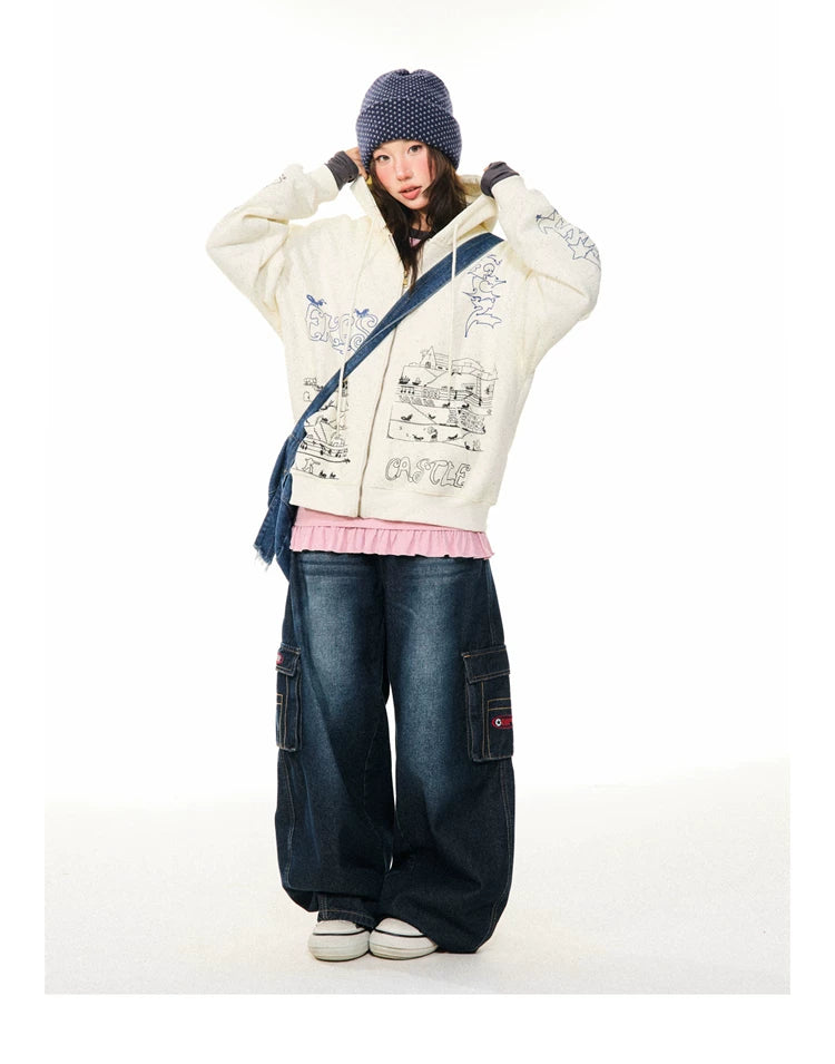 Graphic Print Oversize Zipper Hoodie