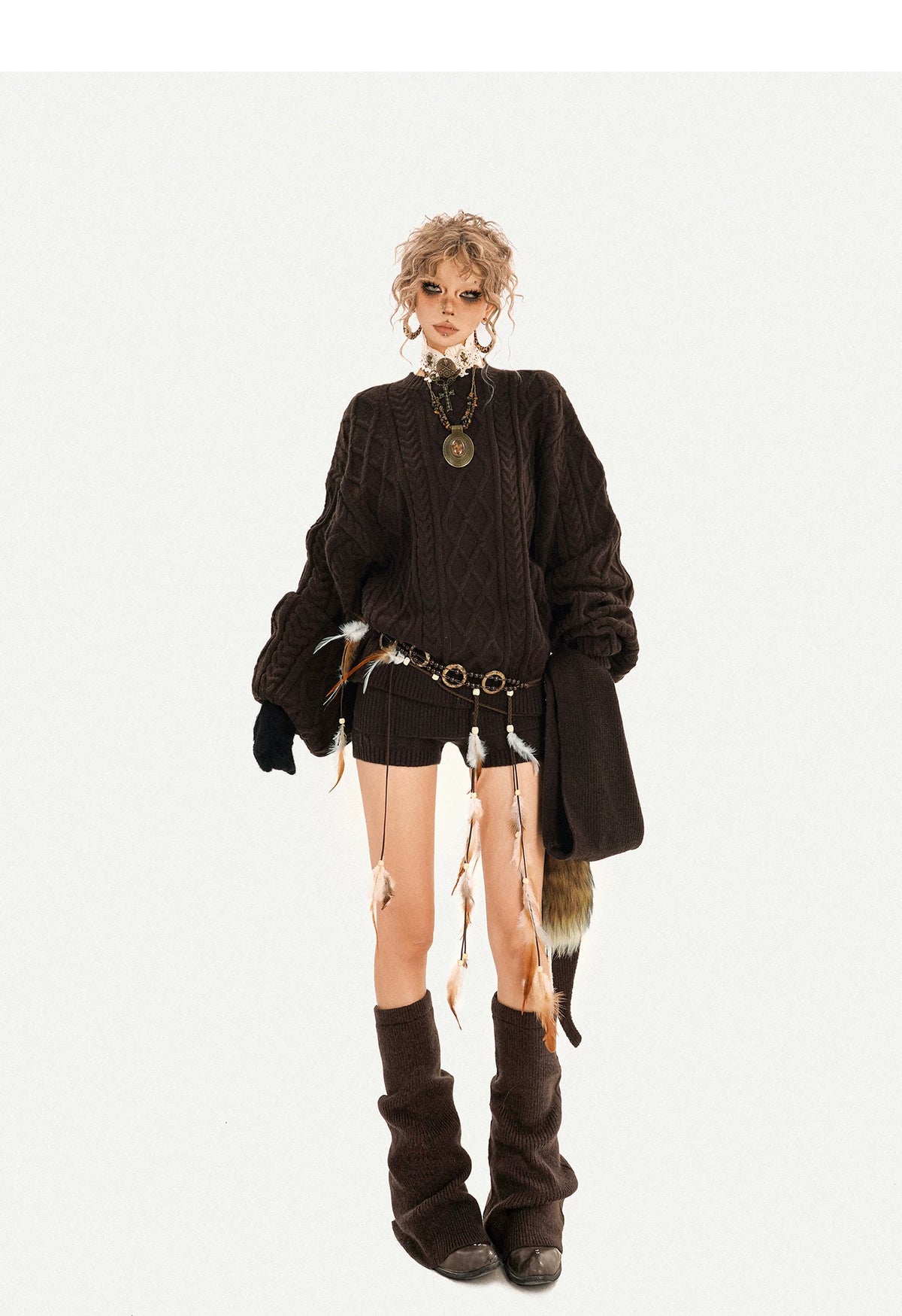 Oversize Knit Sweater & Low Waist Knit Short Pants & Shawl & Leg Warmers Setup