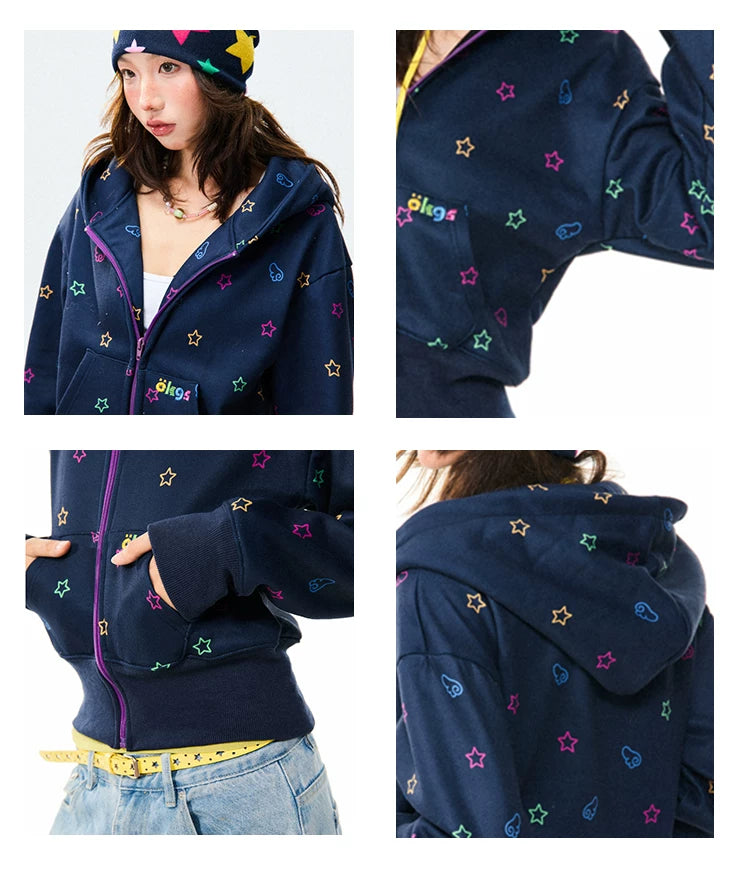 Star Print Fleece Zipper Hoodie