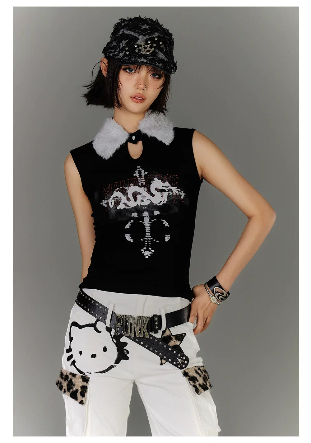 Fake Fur Collar Ribbed Graphic Print Sleeveless T-Shirt