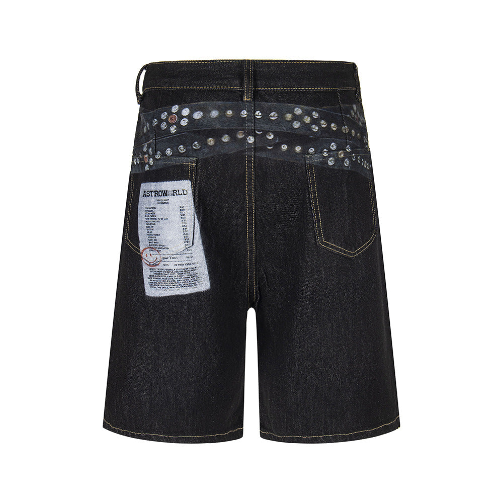 Badge Belt Print Wide Leg Half Denim Jeans