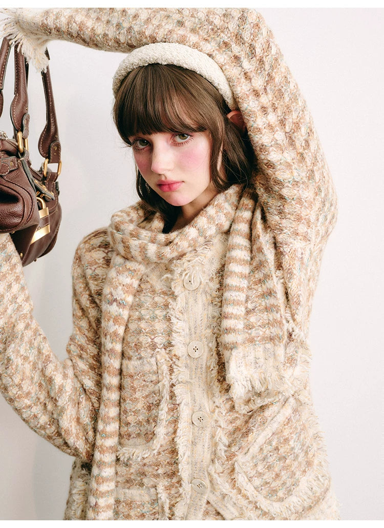 Plaid Button Cardigan & Scarf & Long Skirt Setup