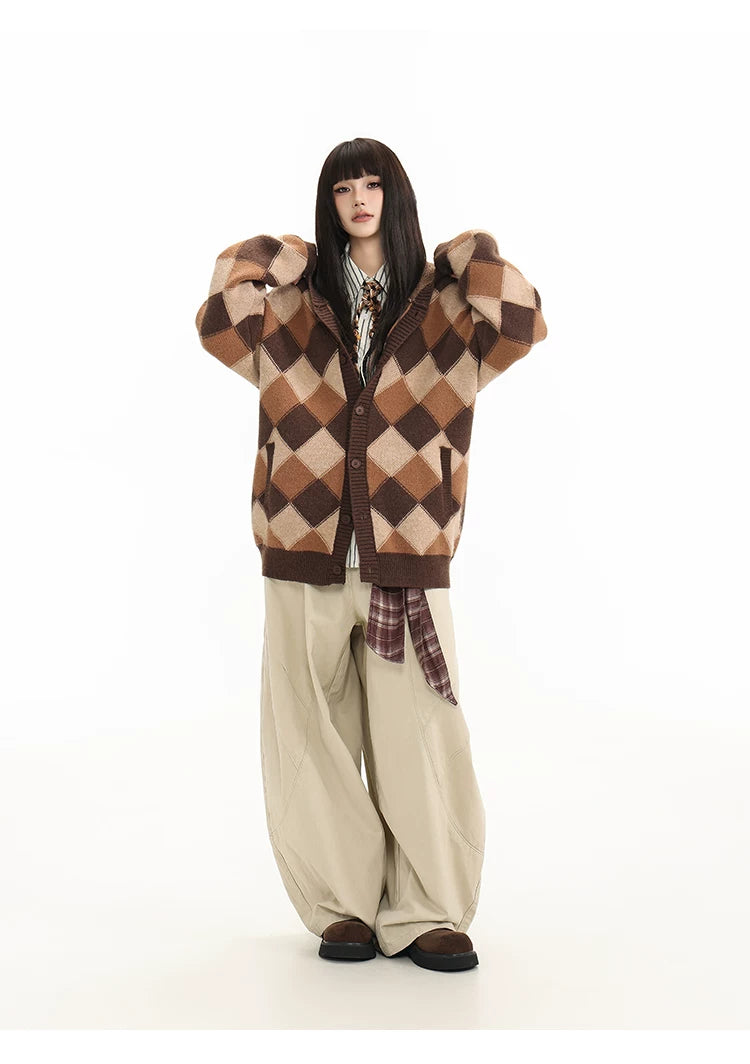 Heavyweight Diamond Pattern Oversize Hooded Knit Cardigan & Knit Sweater