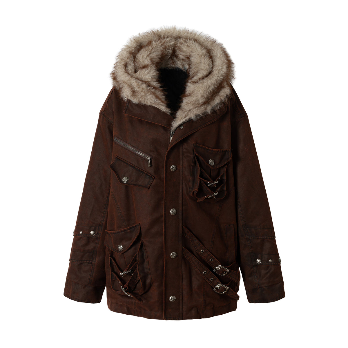 Fake Fur Hooded Multi-Pocket Buckle Detail Jacket