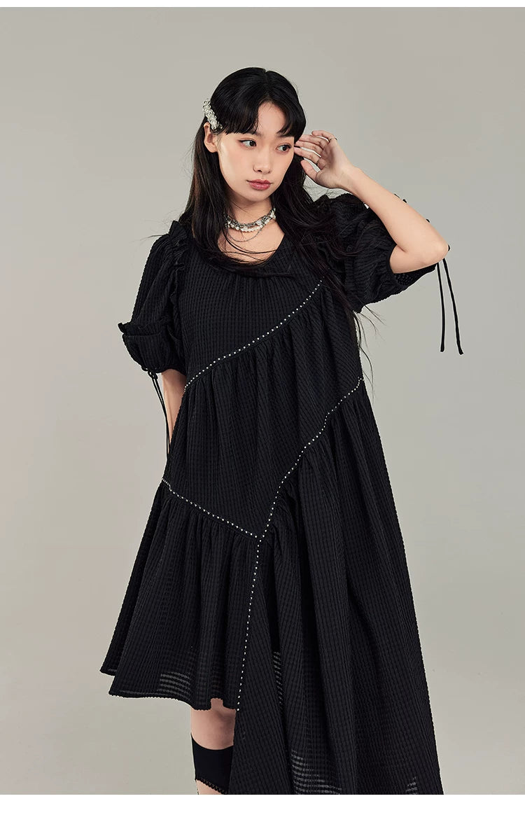 Jacquard Design Short Sleeve Dress With Irregular Hem Length