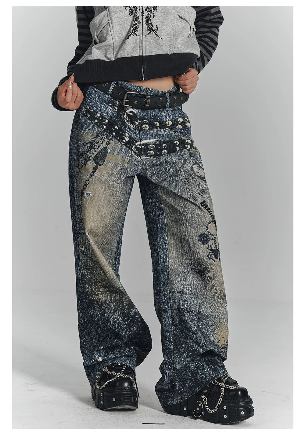 Chain Design Wide Leg Straight Denim Jeans