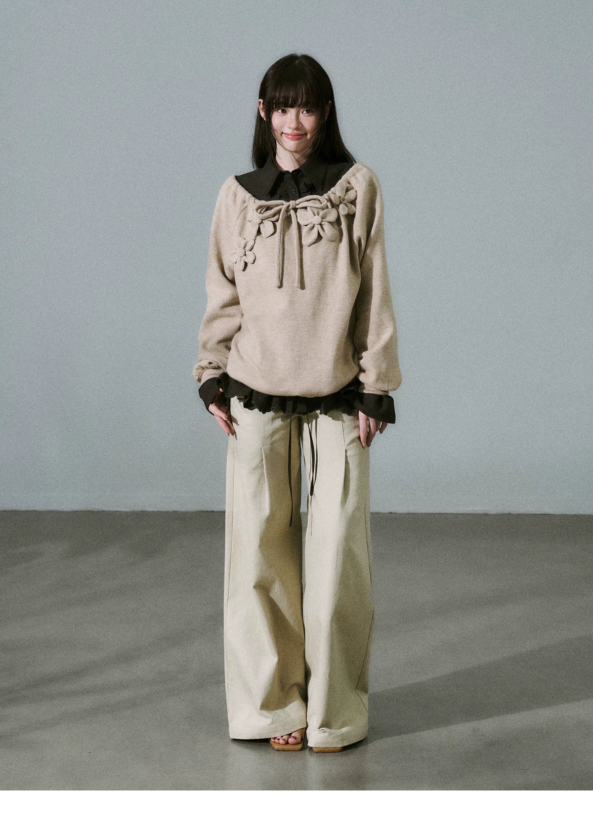 Handmade Flower Drawstring Wool Fake Layered Knit Sweater