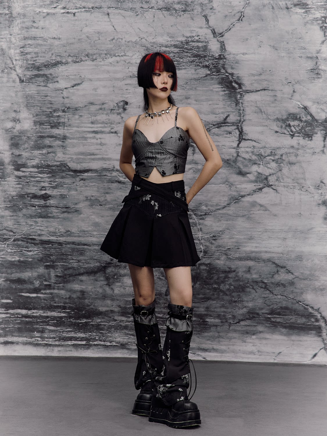 Chinese Style A-Line Jacquard Pleats Short Skirt