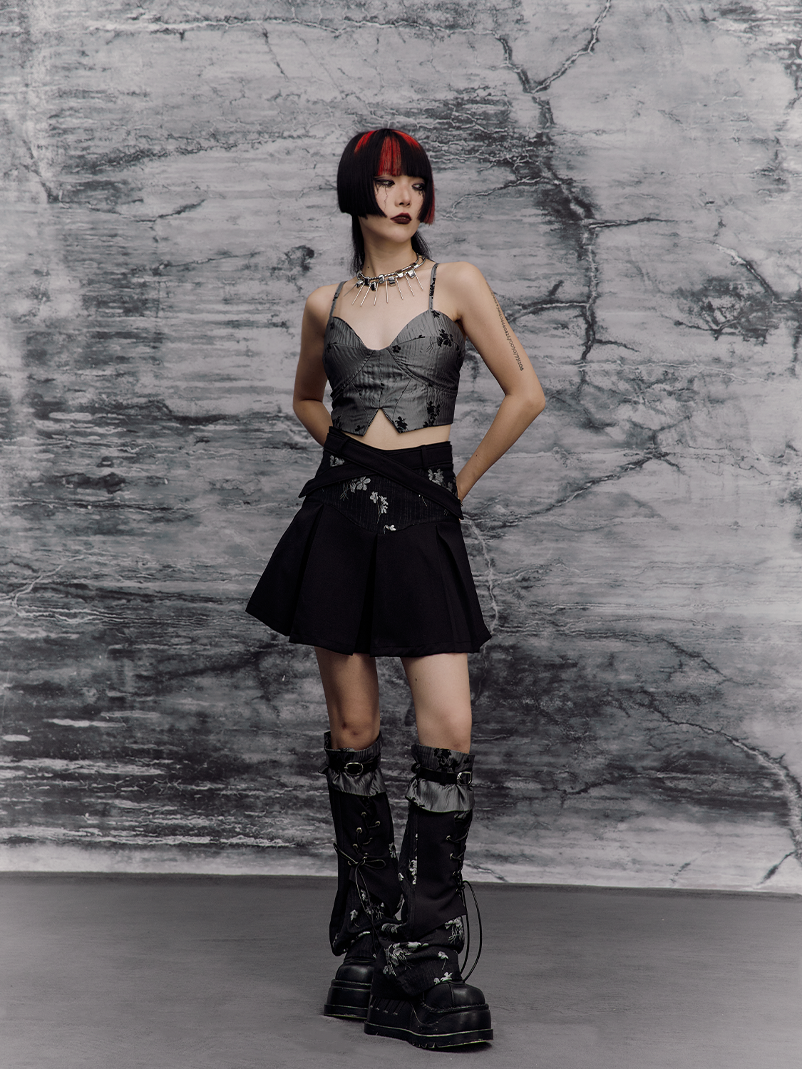 Chinese Style A-Line Jacquard Pleats Short Skirt