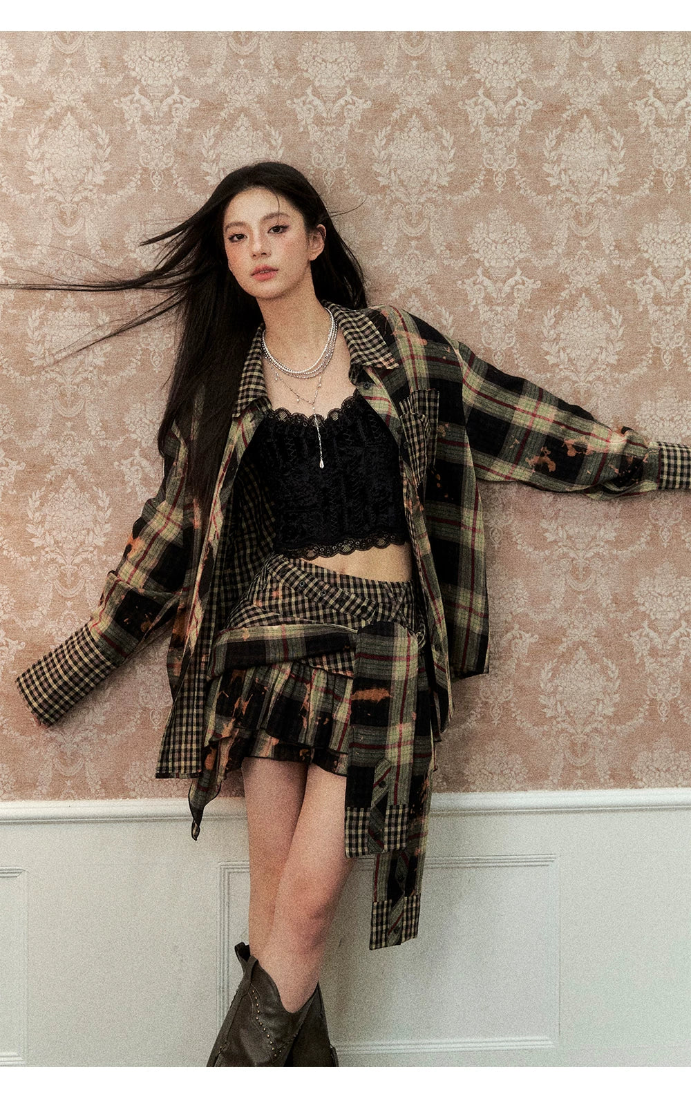 Oversize Plaid Long Sleeve Shirt & Short Skirt & Scarf Setup