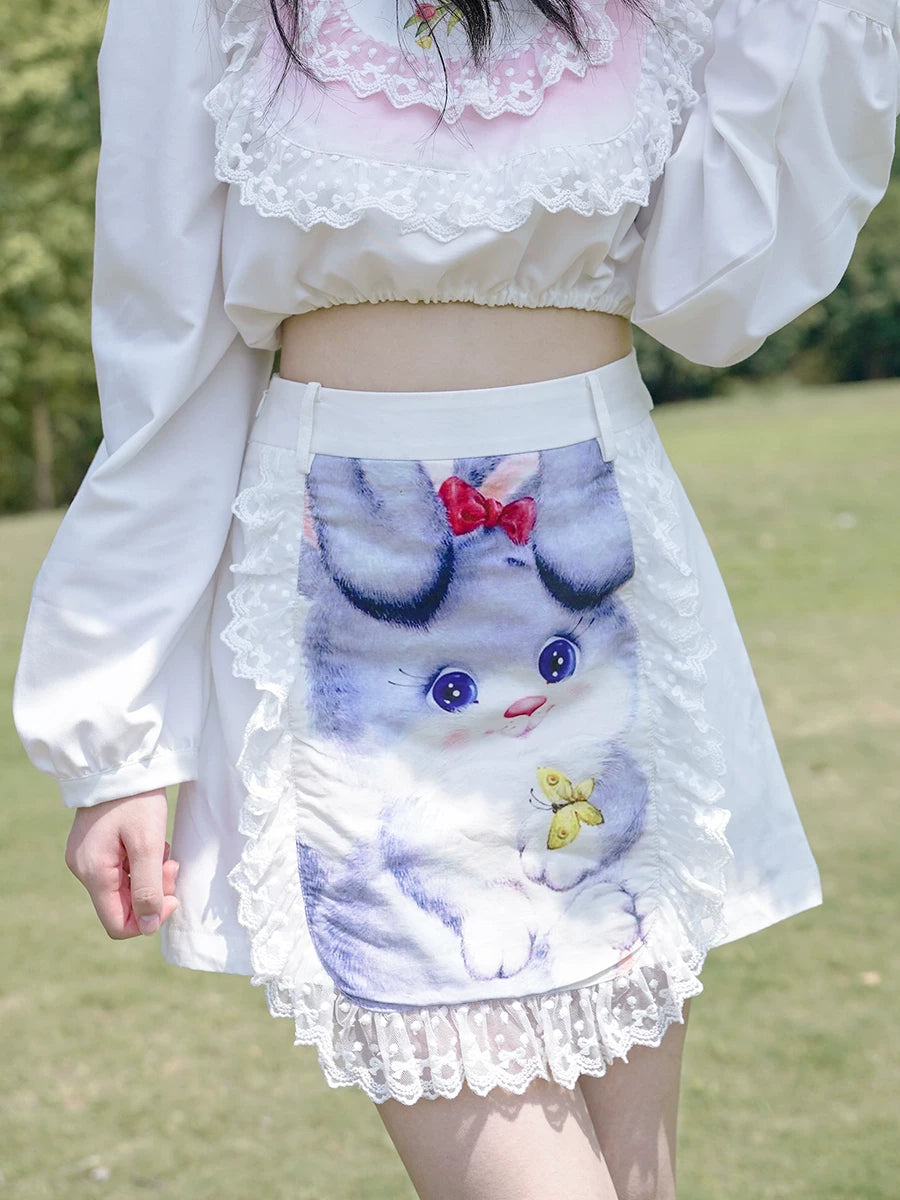 Graphic Print Lace Ruffle Skirt