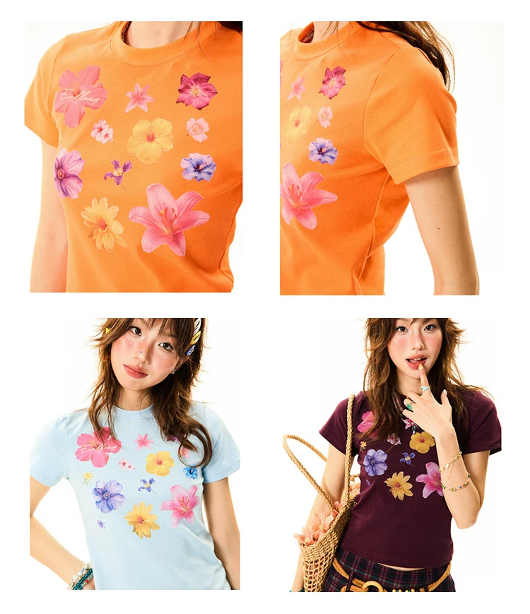 Flower Print Cropped Short Sleeve T-Shirt
