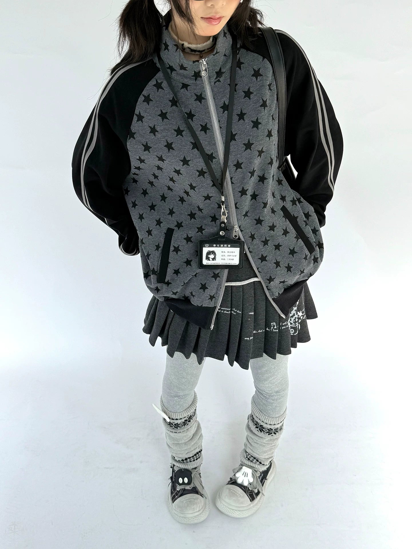 Star Print Double Zipper High-Neck Oversize Cardigan
