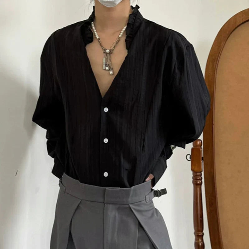 Pleats Lace V-Neck Elegant Long Sleeve Shirt
