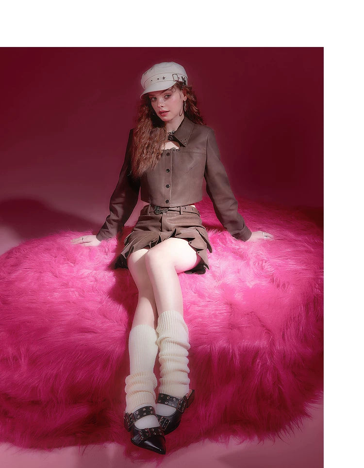 PU Leather Short Jacket & Short Pleats Skirt Setup