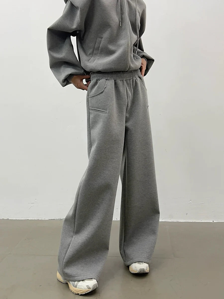 Shoulder Pad Short Zipper Hoodie & Wide Leg Sweatpants Setup