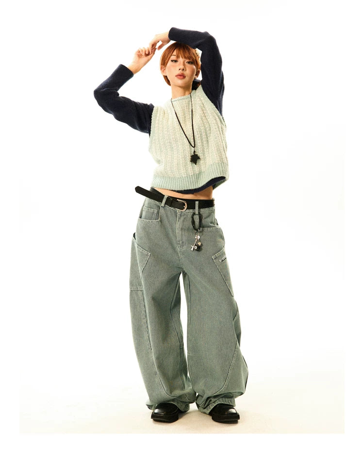Stripe Pattern Wide Leg Denim Jeans