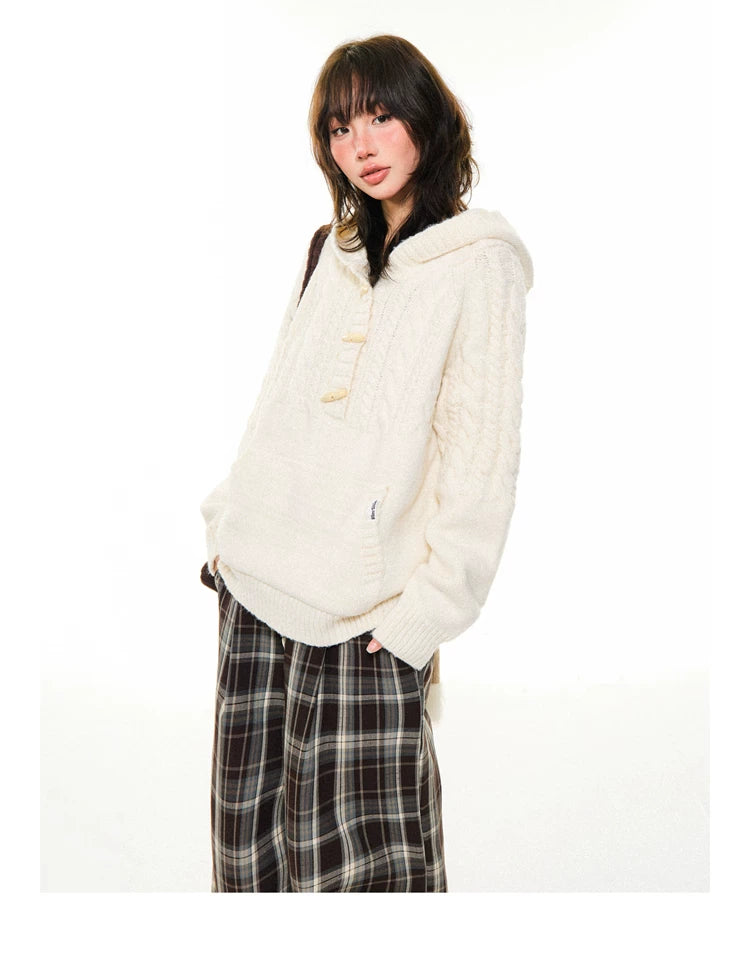 Hooded Toggle-Front Knit Sweater