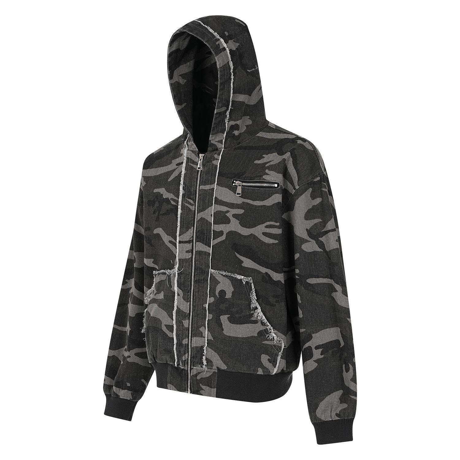 Camouflage Raw-Edge Zipper Hoodie