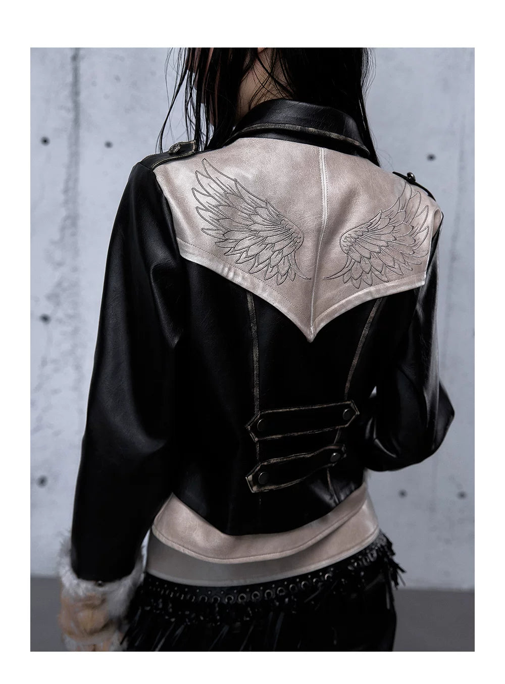 Standing-Collar Belt Detail Fake Fur Cuff PU Leather Jacket