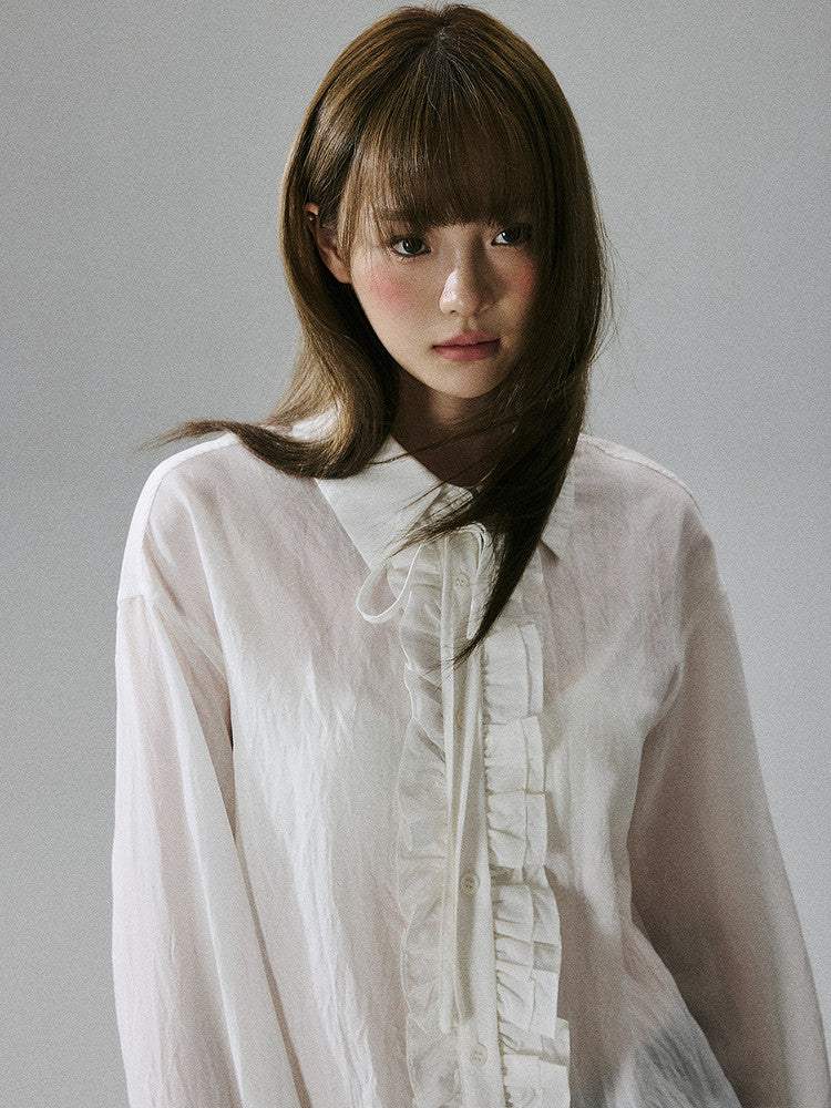 Wrinkled Lyocell Asymmetrical Bow Strap Sunscreen Long Sleeve Shirt