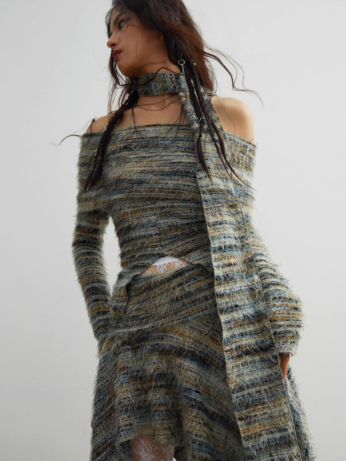 With Scarf Off Shoulder Knit Sweater & Irregular Hem Length Knit Skirt Setup
