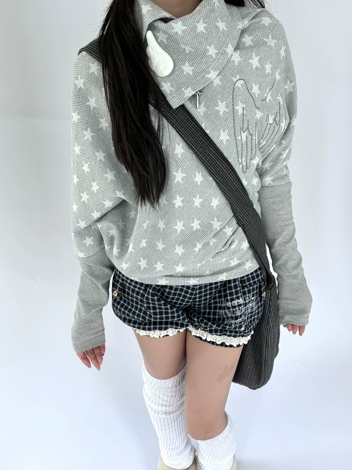 Star Print Asymmetrical High-Neck Long Sleeve T-Shirt