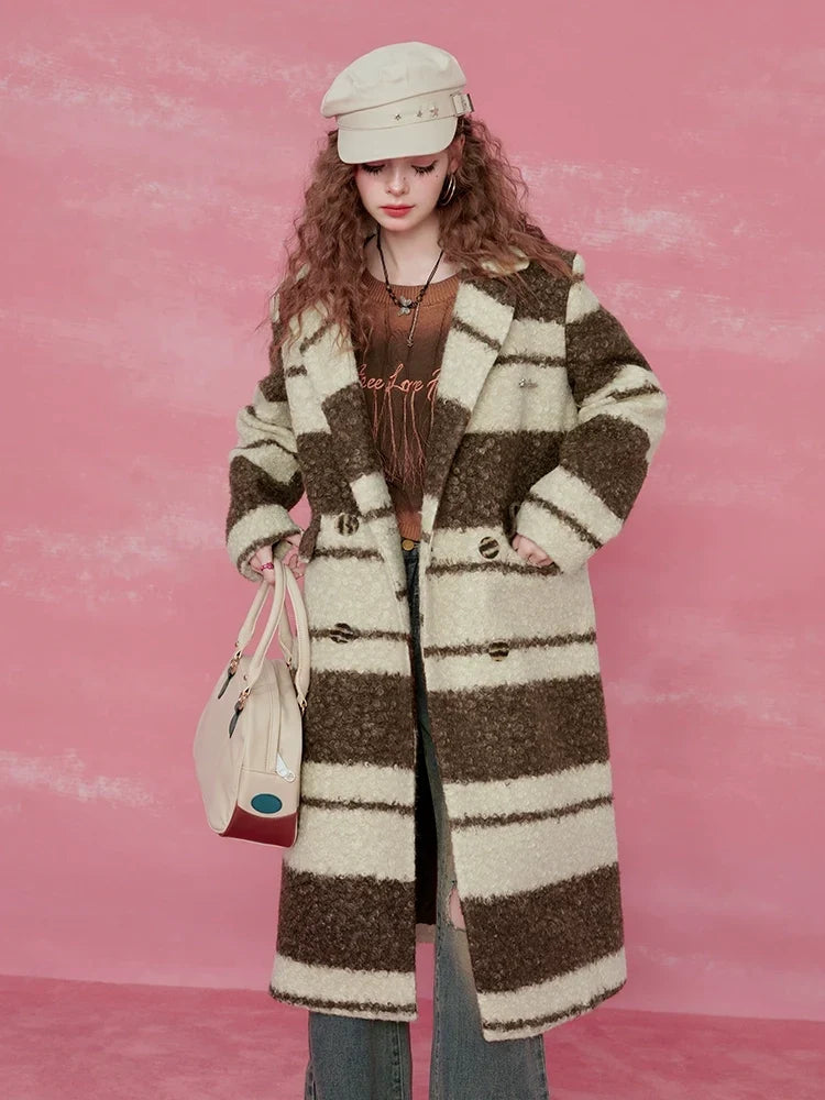 Contrast Stripe Fake Wool Mid-Length Coat