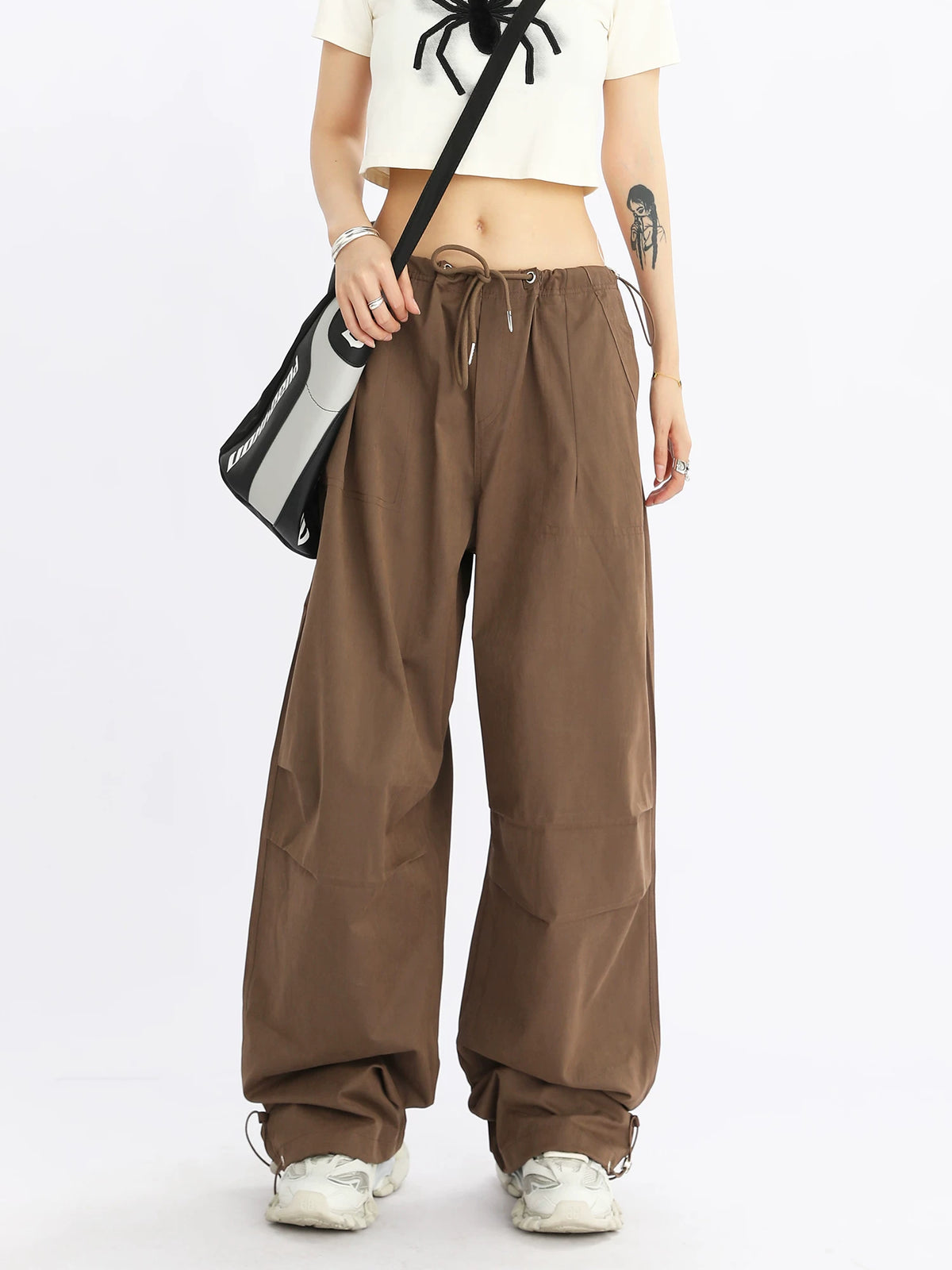 Wide-Leg Drawstring Cargo Pants