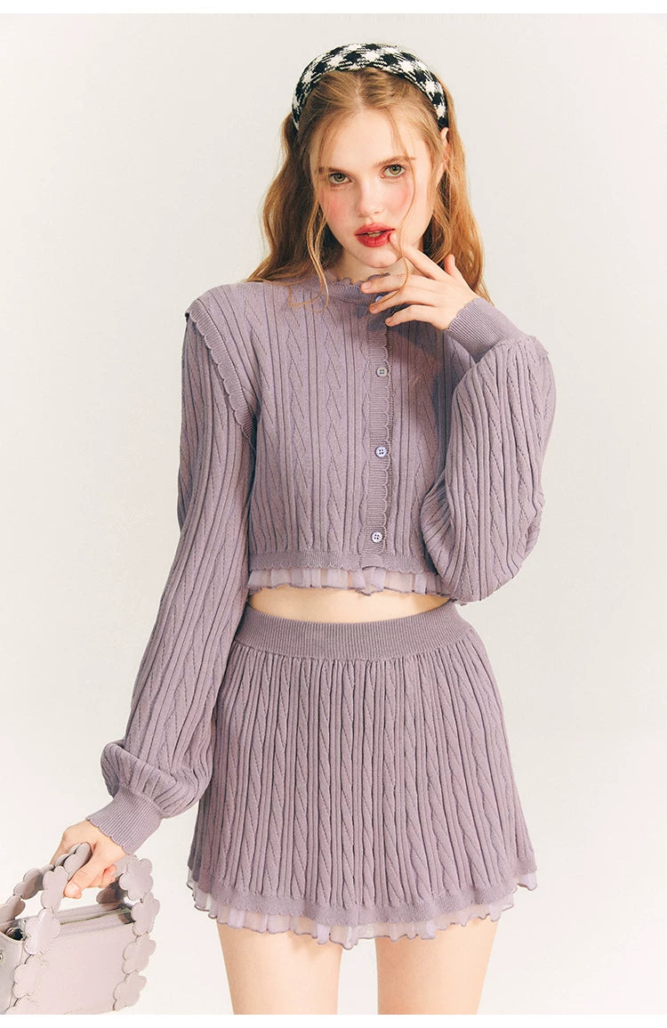 Tulip Button Knit Cardigan & Knit Short Skirt Setup