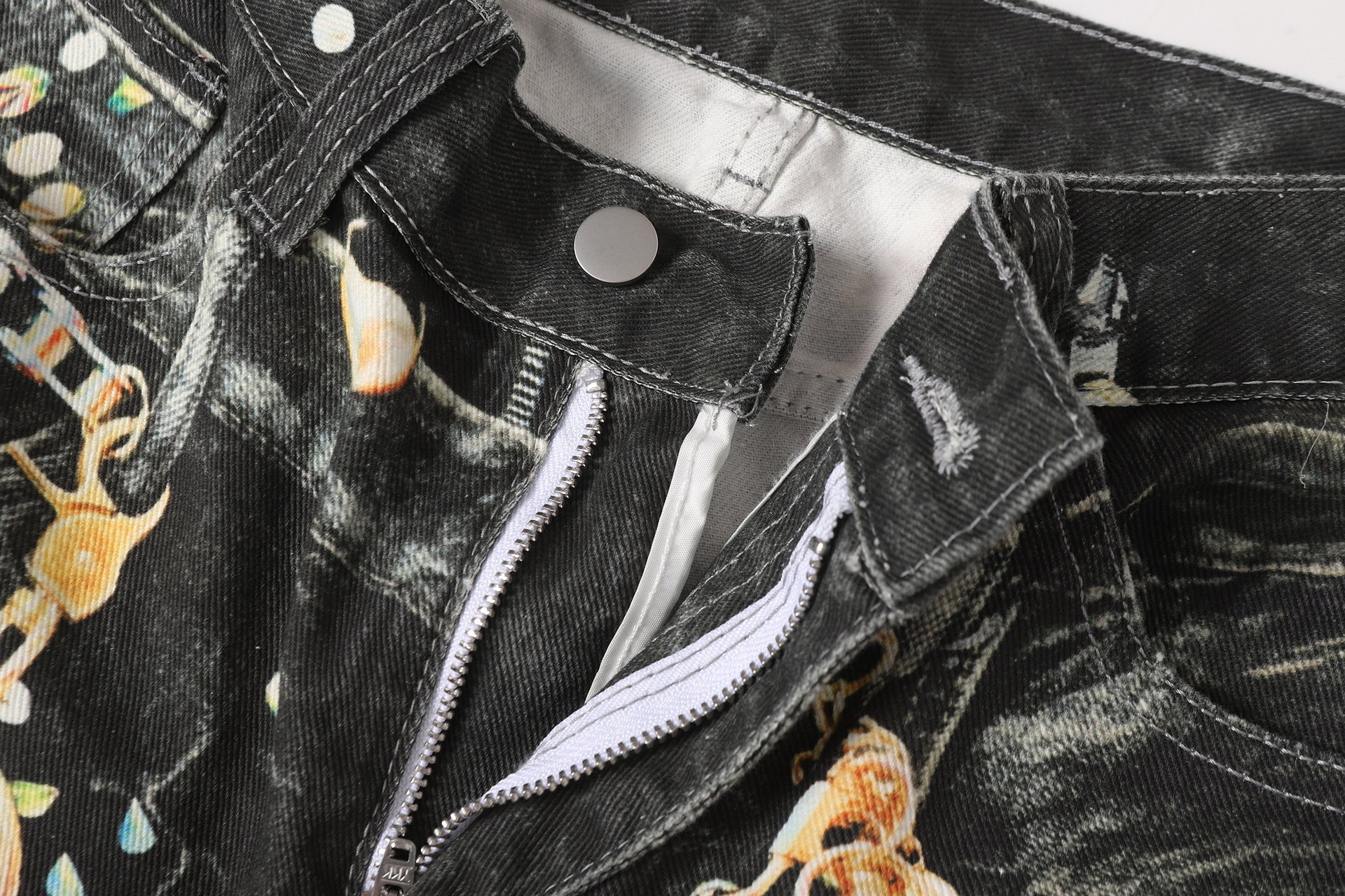 Chain Paint  3D Print Washed Wide Leg Denim Jeans