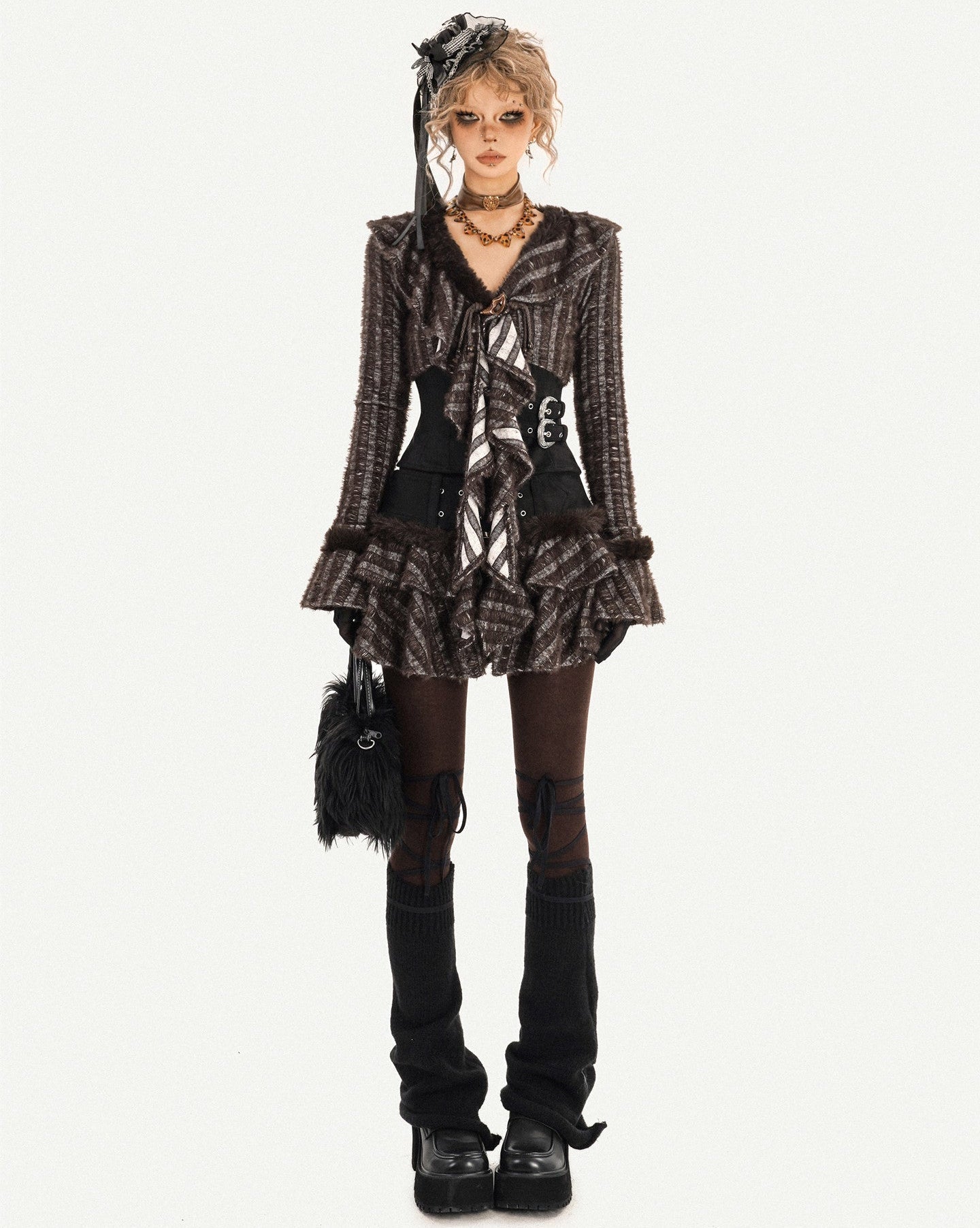 Original Design Patchwork Raw Edge Slim Long Sleeve Shirt & Skirt Setup