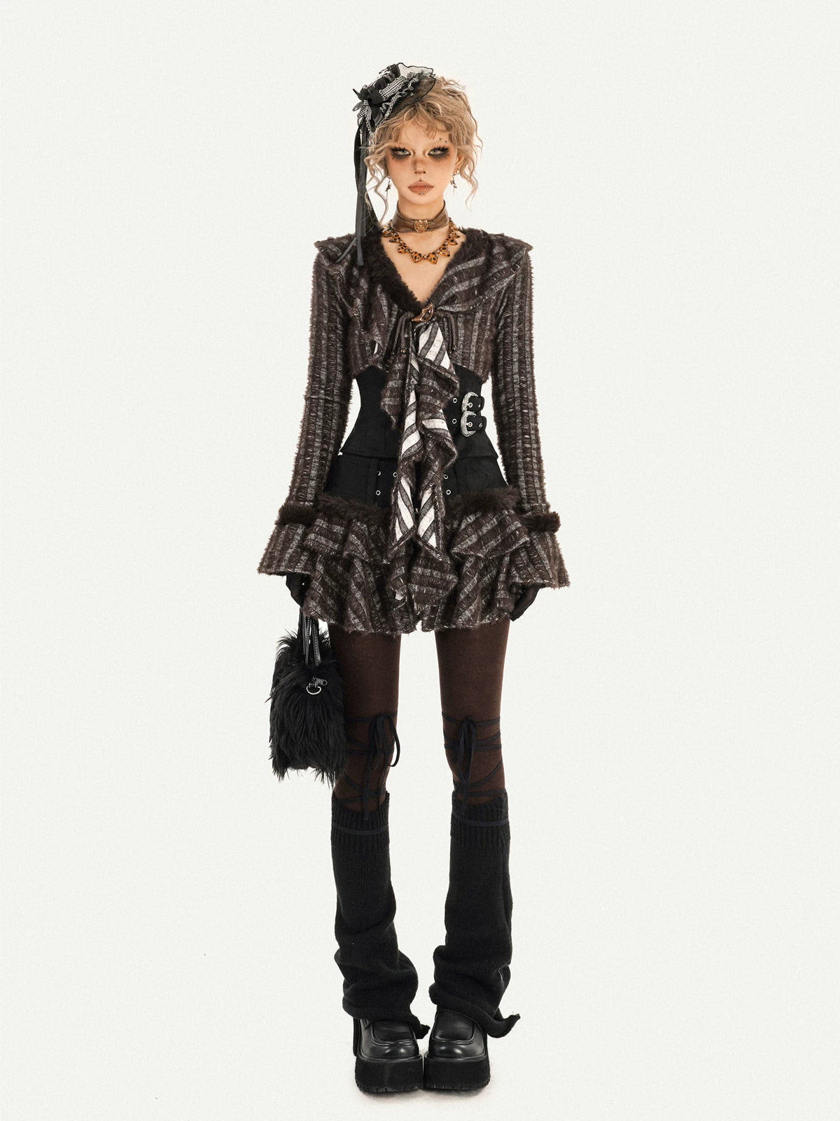 Original Design Patchwork Raw Edge Slim Long Sleeve Shirt & Skirt Setup