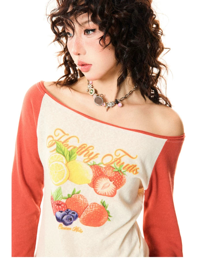 Fruit Graphic Print Off-Shoulder Fitted Long Sleeve T-Shirt