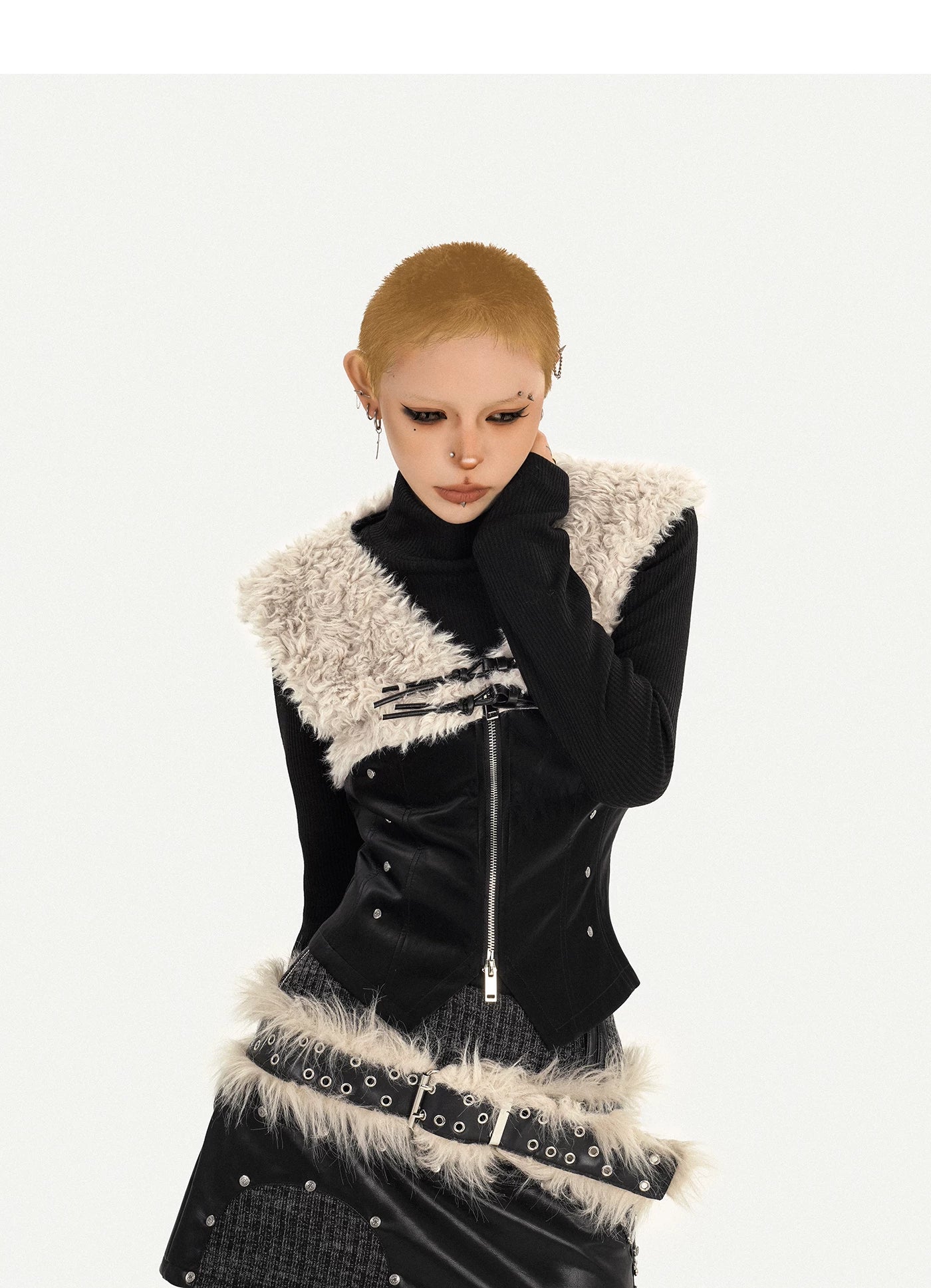 Fake Fur Patchwork V-Neck Slim PU Leather Vest & Ribbed High-Neck Knit Sweater