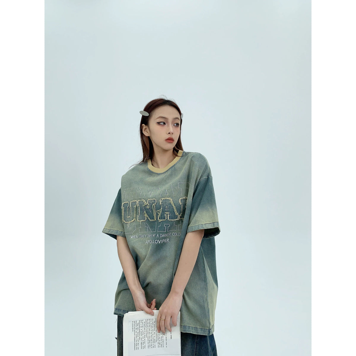 Patch Embroidery Oversized Denim Short Sleeve T-Shirt