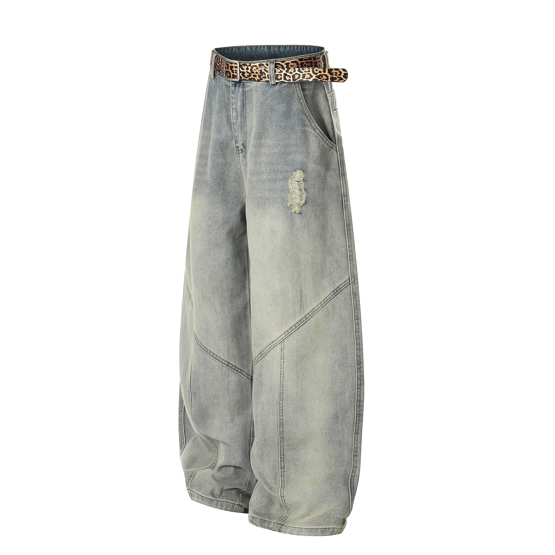 Washed Damage Panel Curved Denim Jeans