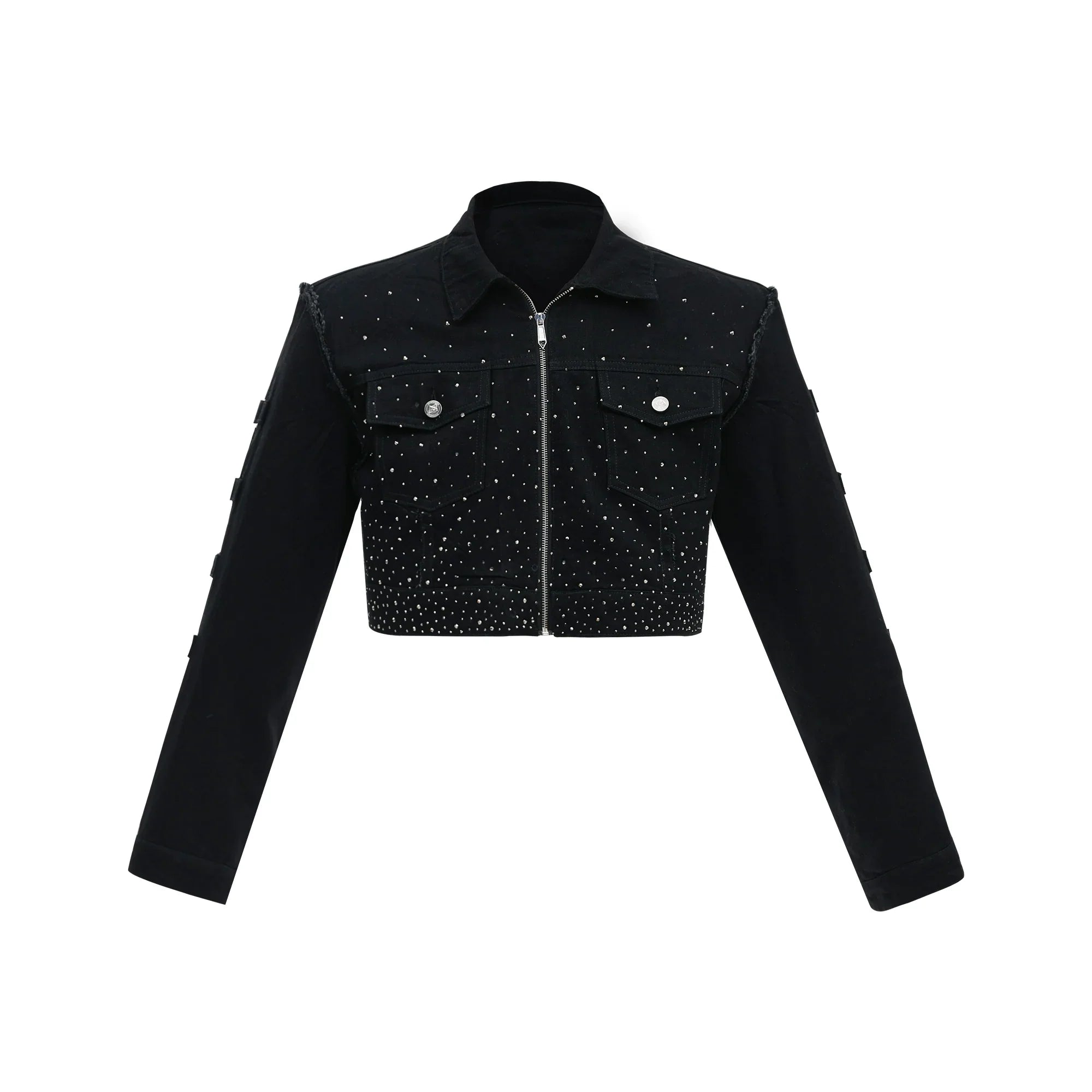 Shoulder Pad Rhinestone Cropped Zipper Denim Jacket