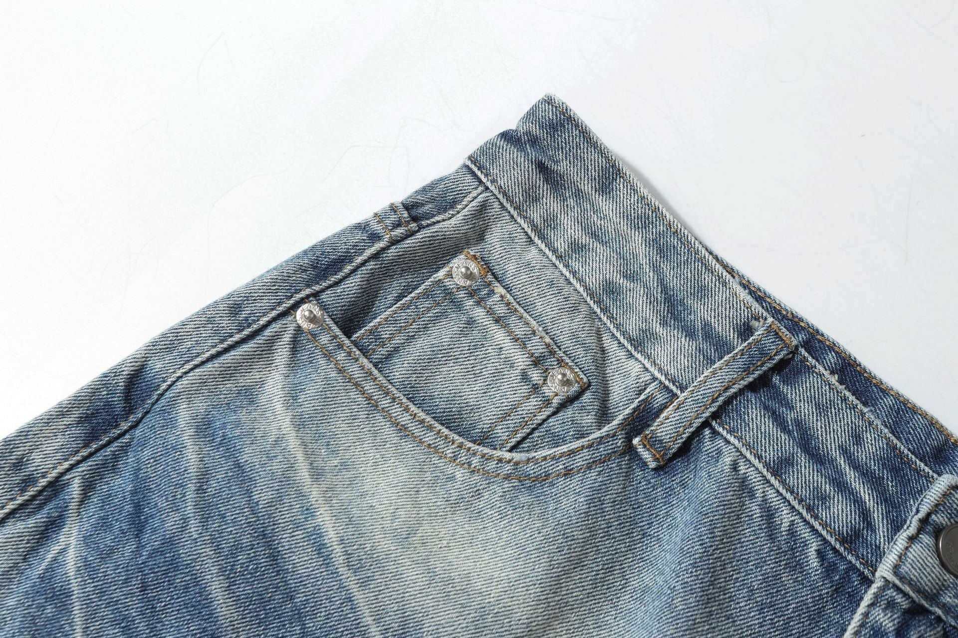 Washed Whisker Damage Wide Leg Denim Jeans