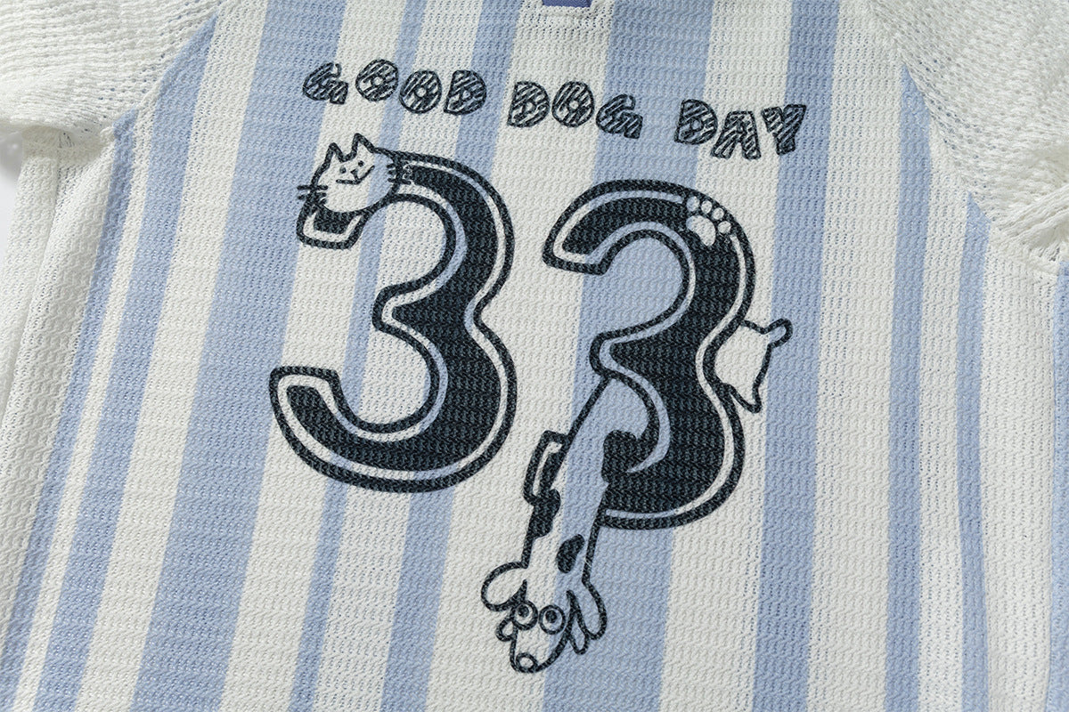 Stripe Number Print Short Sleeve Shirt