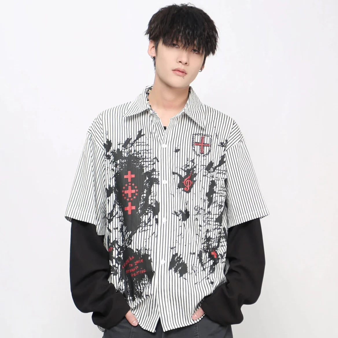 Graffiti Gothic Print Fake Layered Long Sleeve Shirt