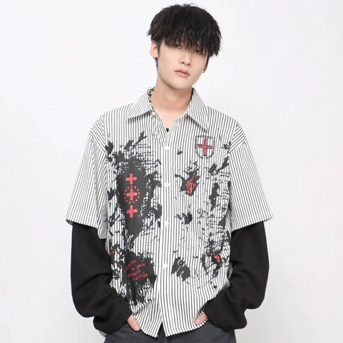 Graffiti Gothic Print Fake Layered Long Sleeve Shirt - White / M