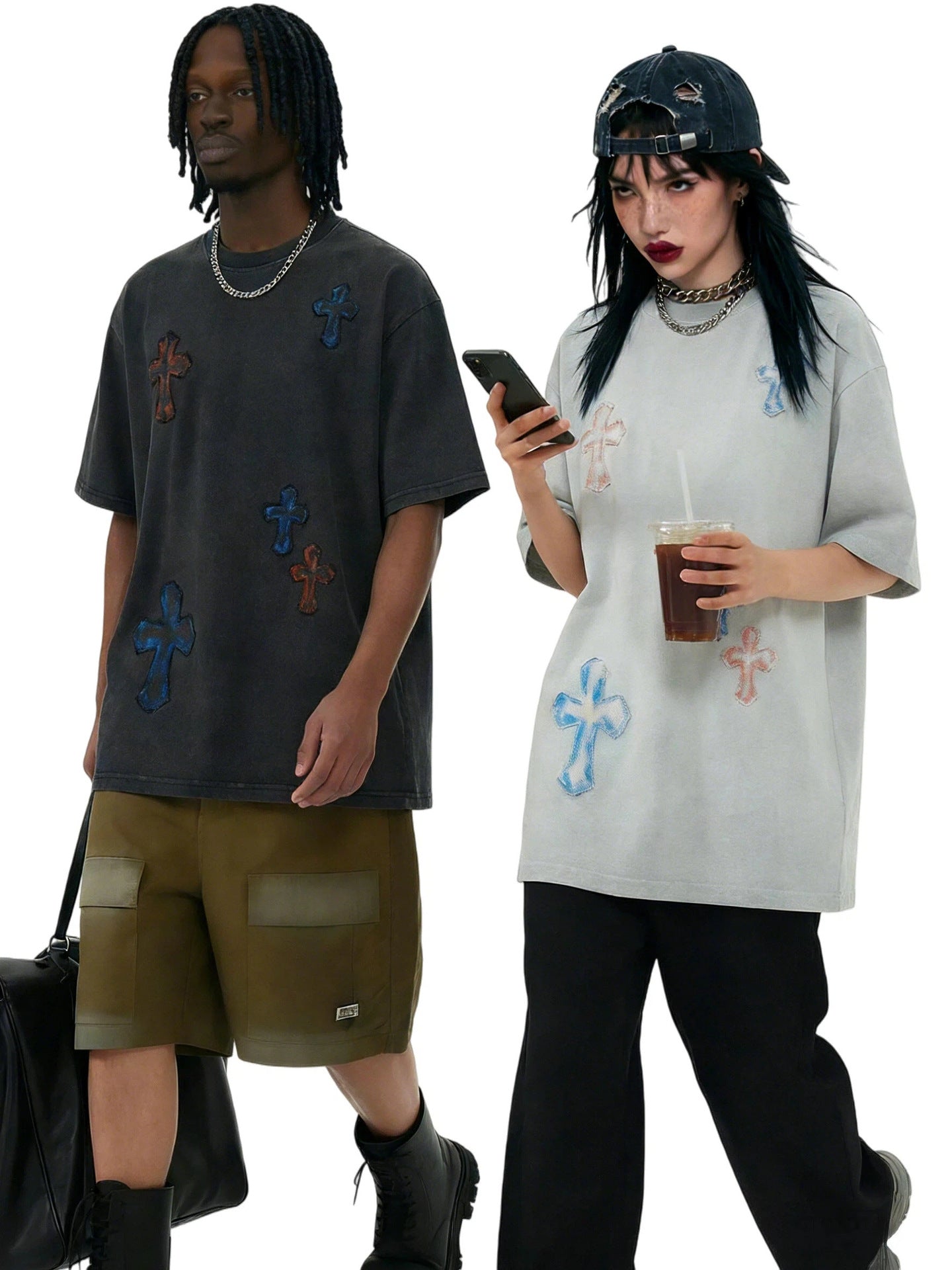 Washed Cross Applique Short Sleeve T-Shirt