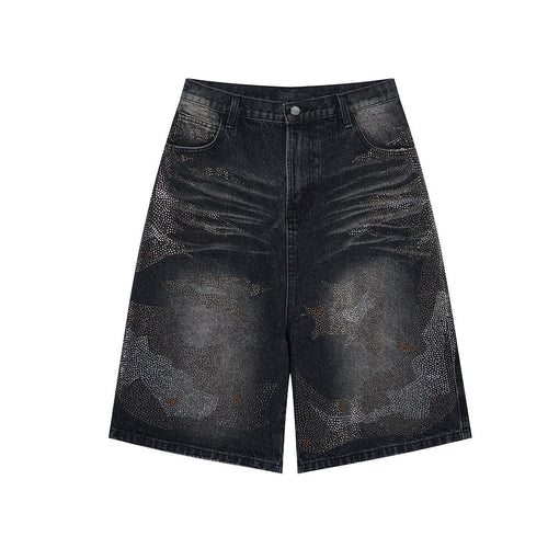 Rhinestone Camouflage Wash Denim Jort - Black / M