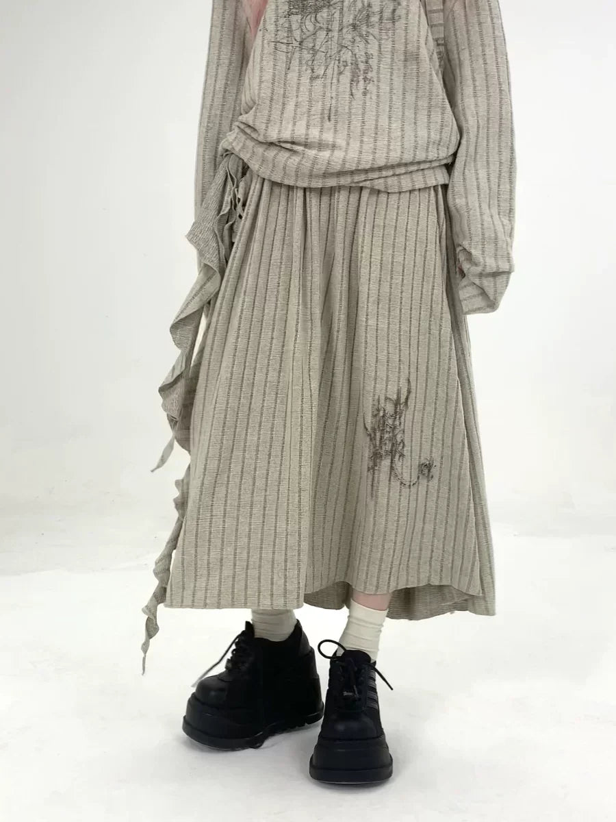 Graphic Print Lace-Up Pleated A-Line Midi Skirt